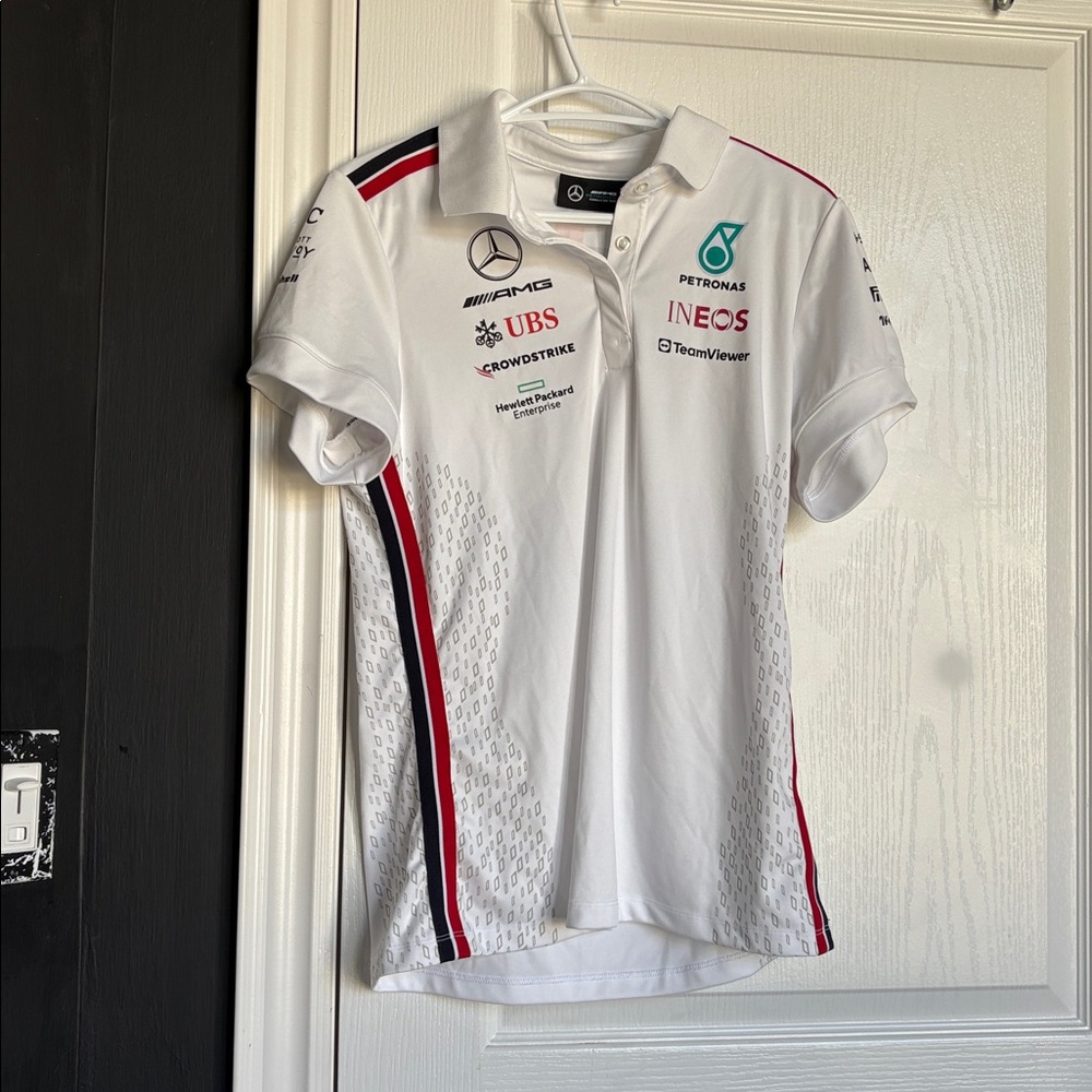 Mercedes AMG Petronas White Polo with Red and Black Stripes